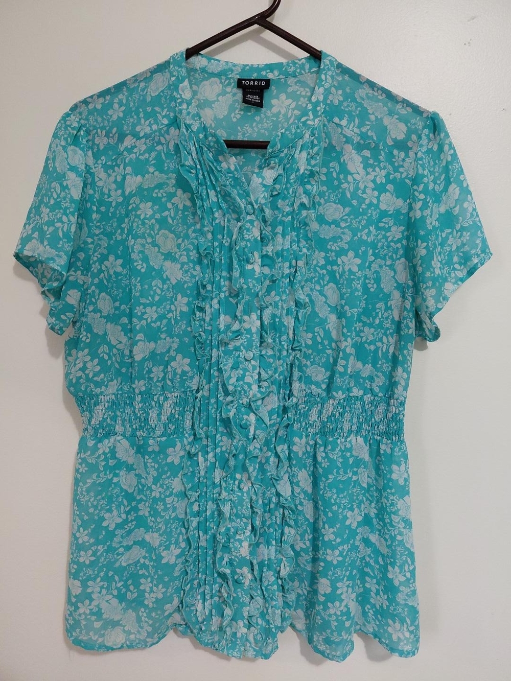 Torrid Size 1 Aqua Floral Ruffle Blouse Short Sleeve Romantic Boho Top